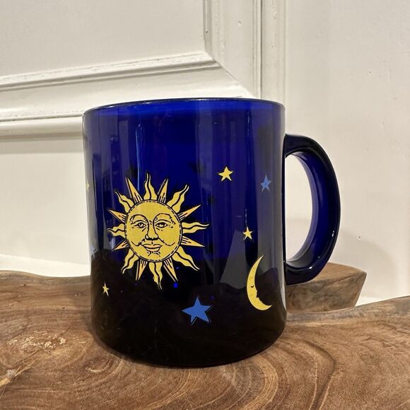 Libbey Other - SOLD  Libbey Cobalt Blue Glass 12oz Coffee Mug Celestial Sun Moon Stars Friends